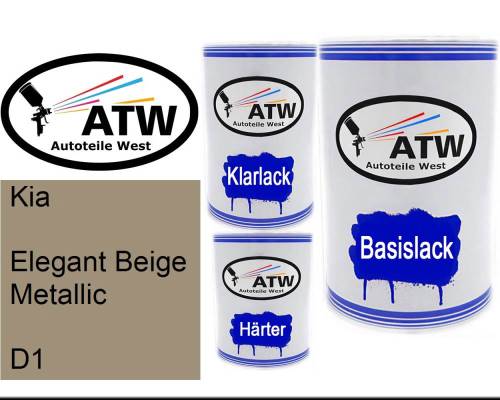 Kia, Elegant Beige Metallic, D1: 500ml Lackdose + 500ml Klarlack + 250ml Härter - Set, von ATW Autoteile West.